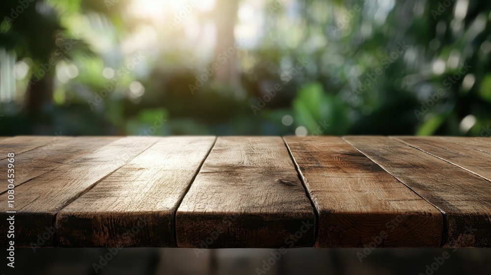 A sturdy wooden table occupies the foreground, while dappled sunlight filters through lush foliage, creating a serene and inviting natural environment. A sturdy wooden table occupies the foreground, while dappled sunlight filters through lush foliage, creating a serene and inviting natural environment.
