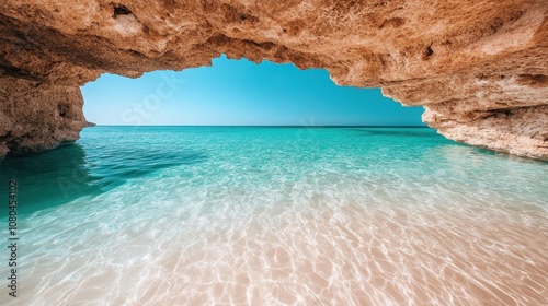 A natural cave frames the view of brilliant turquoise waters and a bright blue sky, creating a breathtaking natural masterpiece reminiscent of a dream setting.