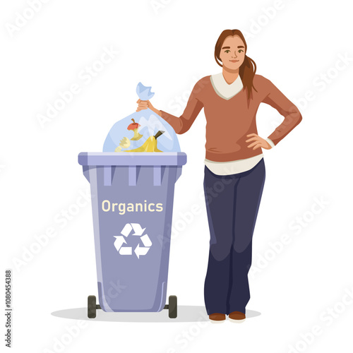 A woman holds a bag of organic waste next to a recycling bin. Vector illustration