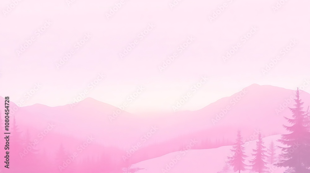 Fototapeta premium A Soft Pink Mountain Landscape with Silhouetted Trees
