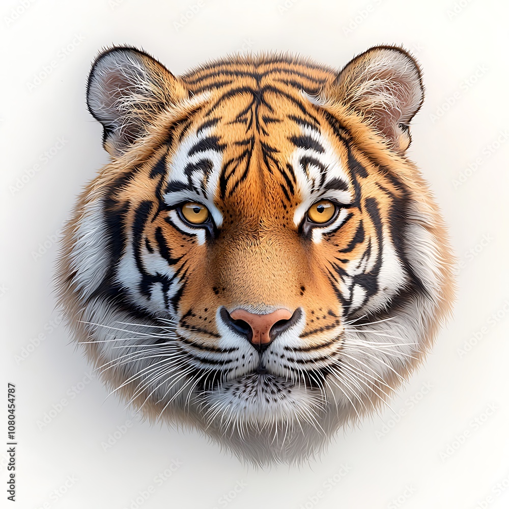 Fototapeta premium The portrait of a majestic tiger Panthera, with vibrant orange fur and piercing yellow eyes, is rendered in stunning detail against a crisp white background