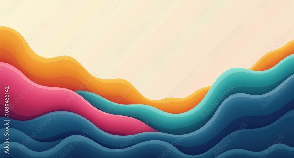 Fototapeta premium Tidal Waves in Fuchsia, Teal, Mustard Yellow, and Navy, flowing undulating lines across a light background, rendered in Octane for a dynamic modern effect.