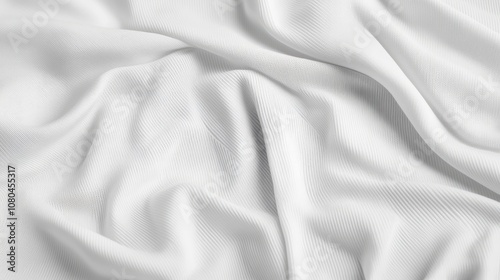 Close-up of textured white fabric with soft folds and gentle draping, creating an elegant and minimalist look.