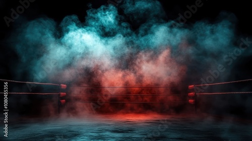 A boxing ring engulfed by vivid red and blue smoke, embodying intensity and competition, suitable for themes of sports, conflict, or dramatic arts.
