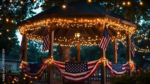 Gazebo decorated with lights and American flags at night.