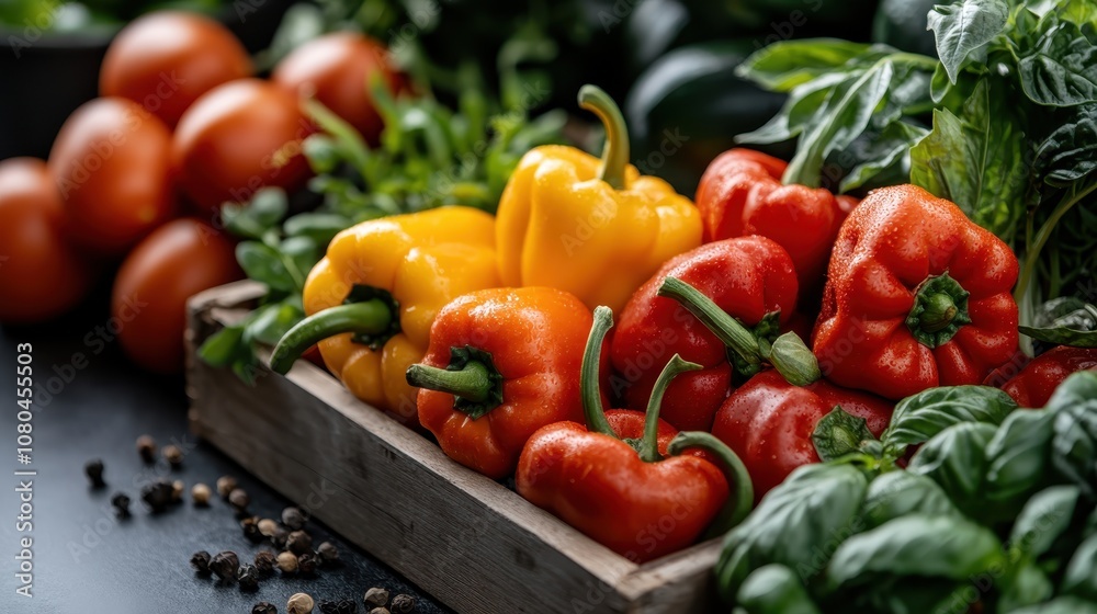 Close-up of vivid red and yellow bell peppers in a wooden crate, surrounded by fresh vegetables including basil and tomatoes, at a farmer's market. Close-up of vivid red and yellow bell peppers in a wooden crate, surrounded by fresh vegetables including basil and tomatoes, at a farmer's market.