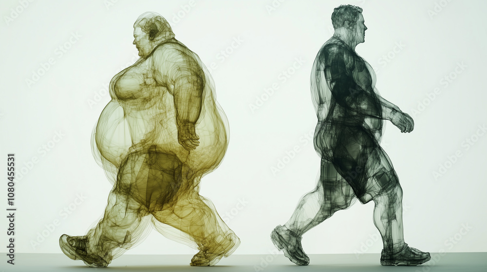 Two figures, one overweight and one fit, morphing into each other through a series of overlapping transparent layers Two figures, one overweight and one fit, morphing into each other through a series of overlapping transparent layers