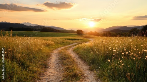 This image captures a picturesque sunset landscape with a winding path through a field of wildflowers, set against a backdrop of distant mountains and a glowing sky.