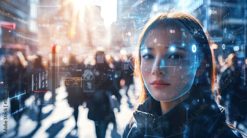 Woman in a bustling city with digital overlay. Woman in a bustling city with digital overlay.