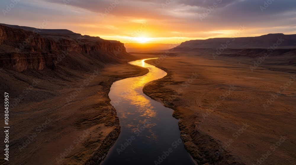 A golden-hued river elegantly flows through a wide canyon, embraced by the warm colors of a setting sun, creating a breathtaking natural panorama. A golden-hued river elegantly flows through a wide canyon, embraced by the warm colors of a setting sun, creating a breathtaking natural panorama.