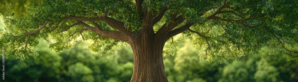 Majestic tree with lush green leaves, surrounded by forest beauty. Majestic tree with lush green leaves, surrounded by forest beauty.