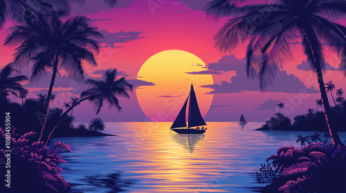 illustration of tropical beach sunset, silhouette of palm trees, sailboat in distance