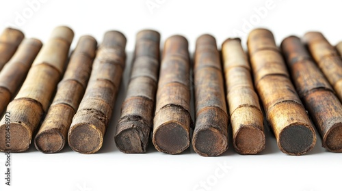 Closeup of a row of natural brown bamboo sticks on a white background.