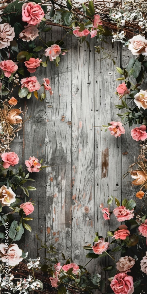 Fototapeta premium A rustic wooden backdrop adorned with pink roses and greenery, perfect for seasonal or event-themed designs.