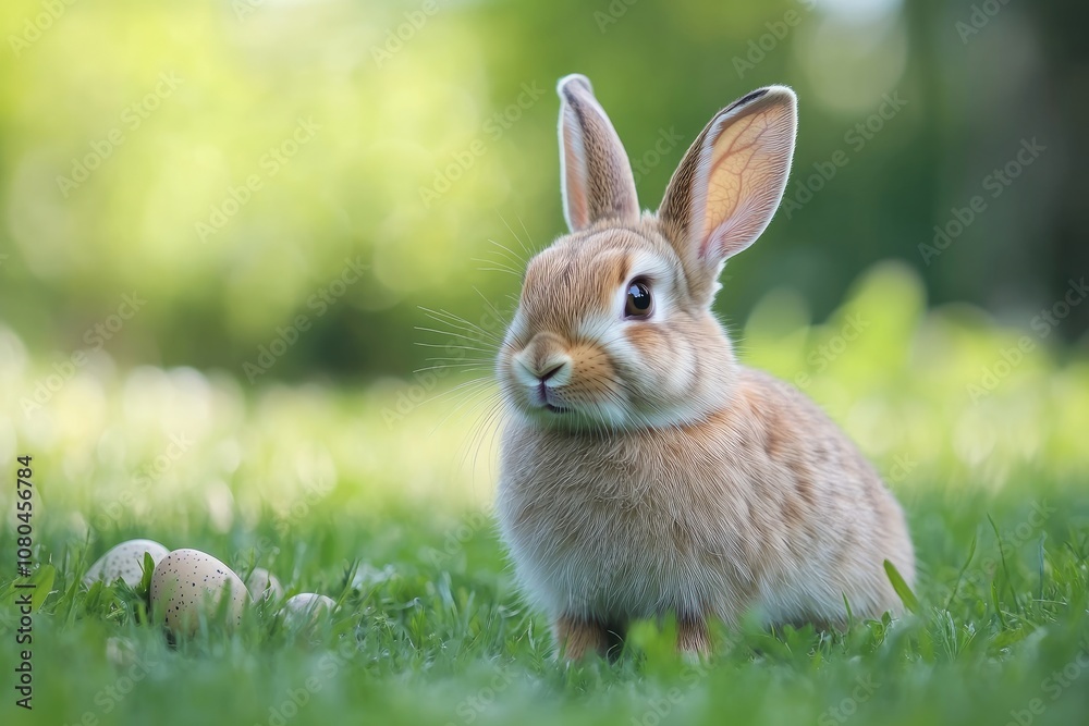Naklejka premium Cute easter bunny sitting on grass with eggs in springtime