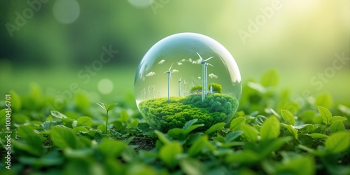 Green Energy Future  Wind Turbines Inside Crystal Ball on Lush Grass photo