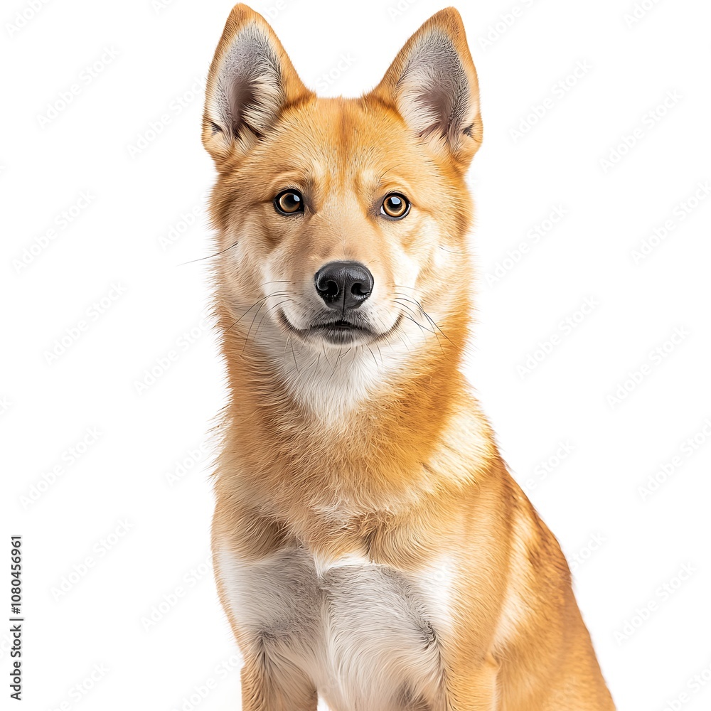 The adult dingo is captured in a striking portrait, showcasing its distinctive features such as a pointed snout, upright ears, and piercing eyes The adult dingo is captured in a striking portrait, showcasing its distinctive features such as a pointed snout, upright ears, and piercing eyes