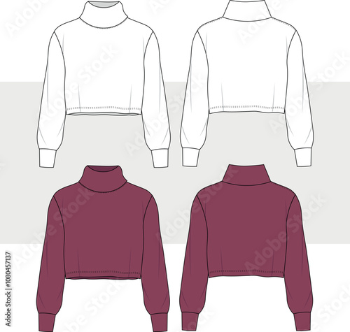 women rolled neck turtle neck with long sleeves top sweatshirt fashion drawing, illustration.