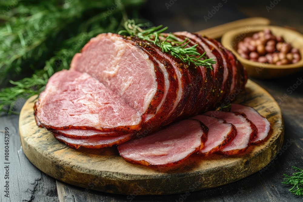 Sliced roast beef with rosemary and spices on wooden board Sliced roast beef with rosemary and spices on wooden board