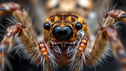 This extreme macro image captures the intense, detailed view of a spider, focusing on its intricate eye structure and the fine hairs covering its appendages and body. photo