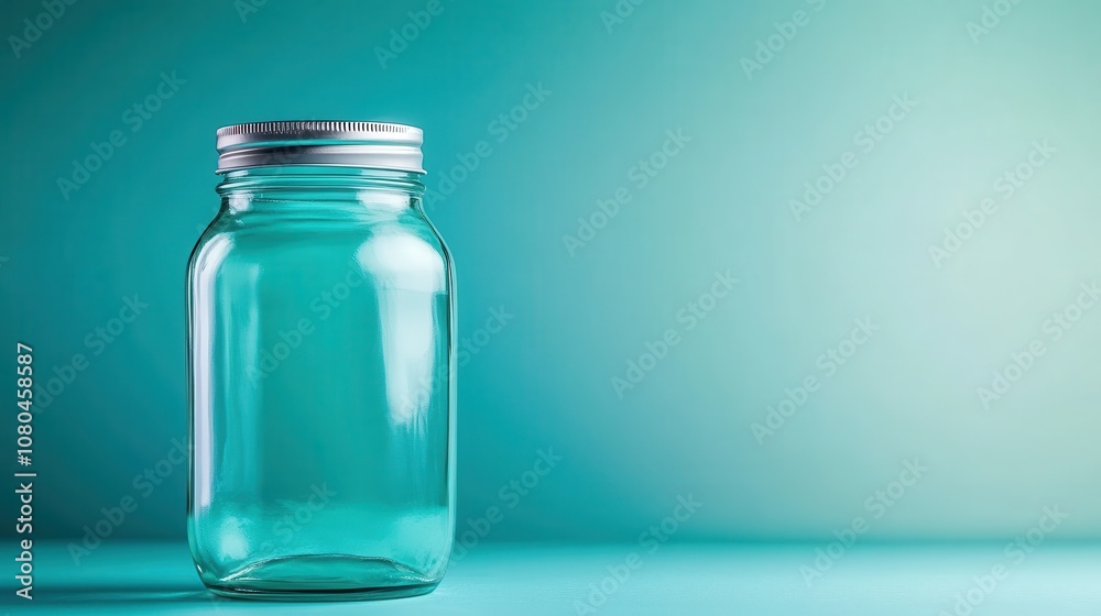 An empty glass jar with a metal lid is set against a gradient blue background, emphasizing its simplicity and potential for storage or decoration purposes. An empty glass jar with a metal lid is set against a gradient blue background, emphasizing its simplicity and potential for storage or decoration purposes.