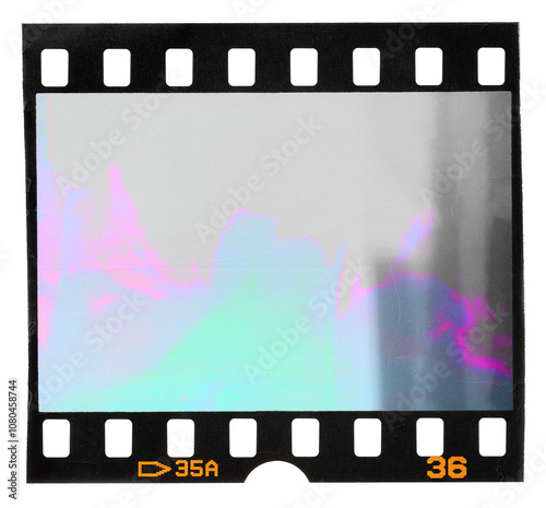 single dia positive 35mm film snip on white background with scanning light issues, empty filmstrip.