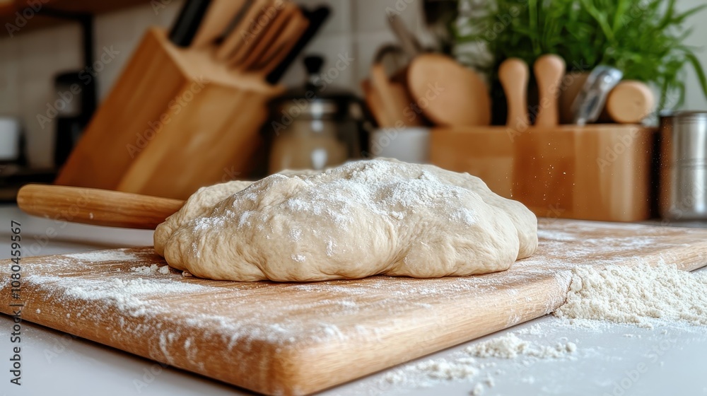 A beautifully rustic kitchen scene featuring a ball of dough covered in flour, set on a wooden table, ready for creative baking in a homey environment. A beautifully rustic kitchen scene featuring a ball of dough covered in flour, set on a wooden table, ready for creative baking in a homey environment.