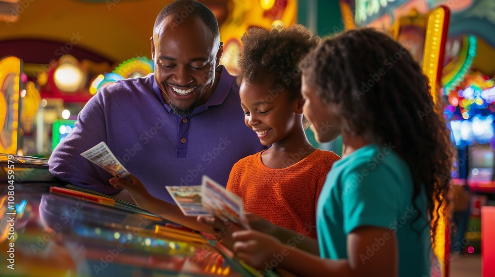 family holding theme park tickets at a vibrant entrance gate family holding theme park tickets at a vibrant entrance gate