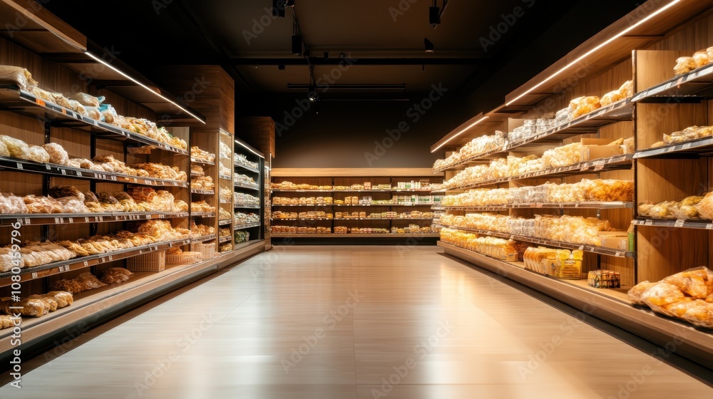 A brightly-lit bakery aisle teeming with various types of freshly baked breads neatly arranged in rustic shelves, offering a tempting array for customers.