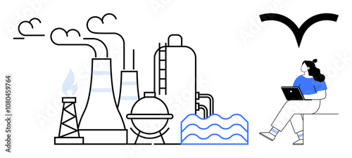 Industrial plant with smokestacks, machinery, and water pipes emitting smoke while woman with laptop observes. Ideal for technology, industry, environment, energy production, engineering, pollution