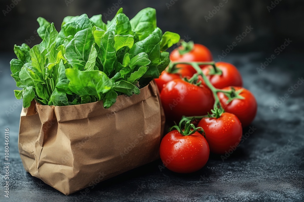 Vibrant garden-fresh ingredients: spinach leaves and tomatoes in a brown paper bag on display Vibrant garden-fresh ingredients: spinach leaves and tomatoes in a brown paper bag on display