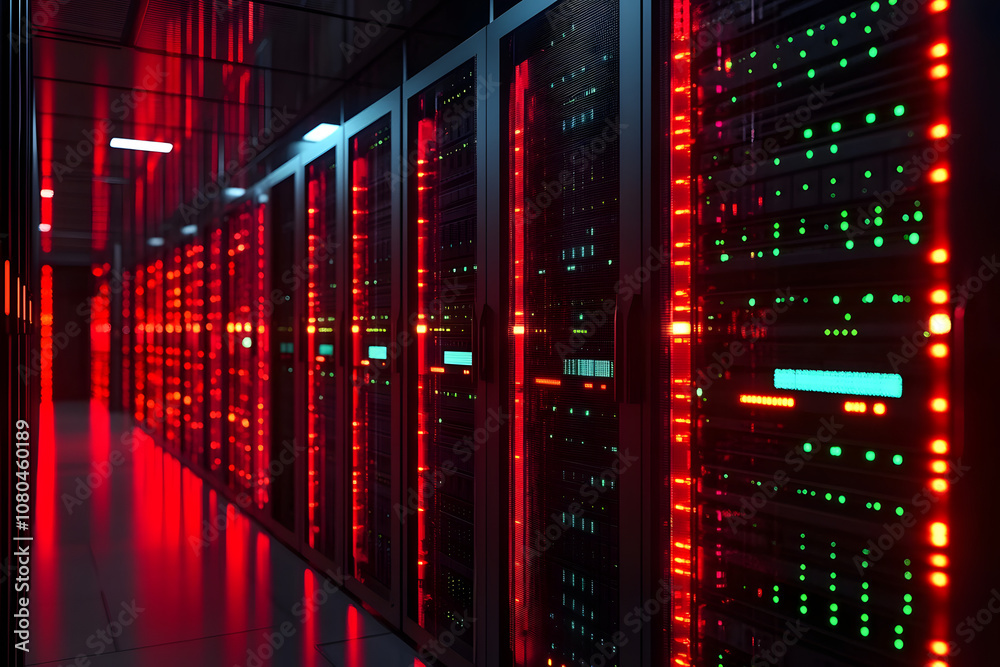 Shot of Data Center With Multiple Rows of Fully Operational Server Racks. Neural network ai generated art Shot of Data Center With Multiple Rows of Fully Operational Server Racks. Neural network ai generated art