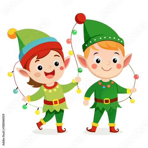 Christmas Elves: Festive Cheer: Two adorable Christmas elves, dressed in green and red, excitedly hold strings of colorful lights, spreading Christmas cheer and joy.