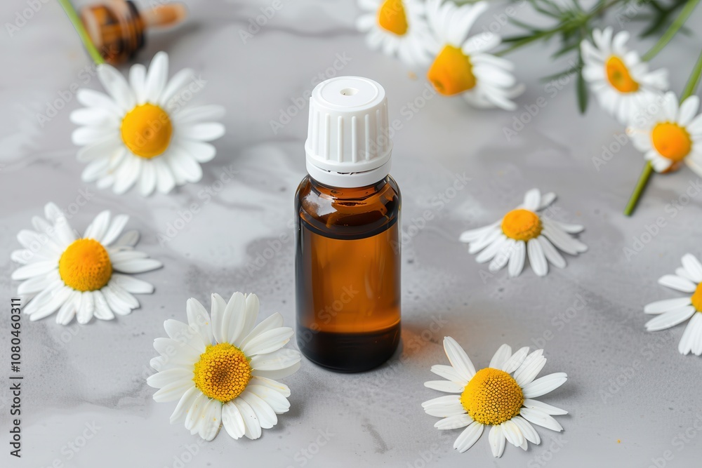 Organic chamomile essential oil.A brown bottle of essential oil surrounded by fresh chamomile flowers on a light, textured surface. Organic chamomile essential oil.A brown bottle of essential oil surrounded by fresh chamomile flowers on a light, textured surface.