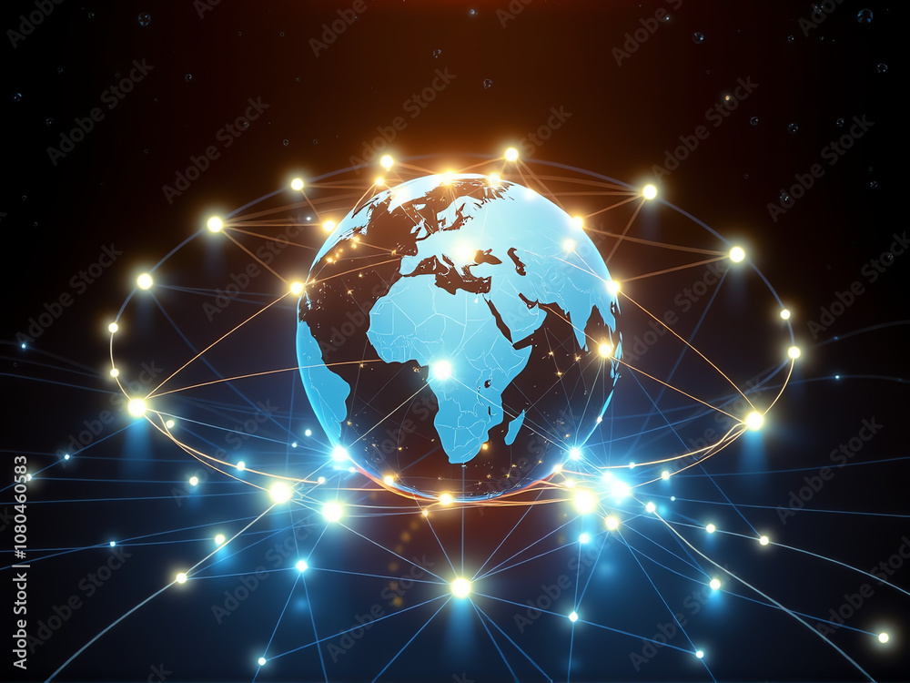 glowing digital globe showcasing global connectivity through bright networks and lights in a dark background during nighttime glowing digital globe showcasing global connectivity through bright networks and lights in a dark background during nighttime