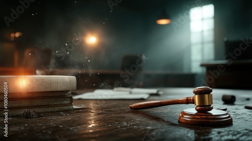 A wooden gavel is prominently displayed on a courtroom desk, surrounded by law books under soft lighting, symbolizing justice, authority, and legal proceedings. photo