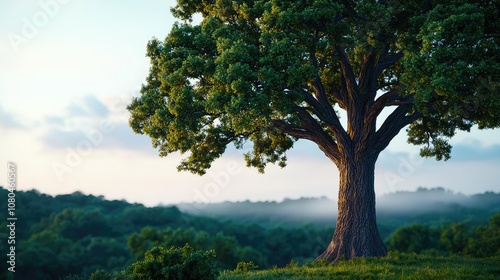 Lone tree standing majestically amidst a lush green landscape at sunrise.