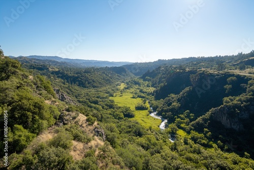 Lush Green Valley With Winding River Under a Clear Blue Sky on a Sunny Day in the Countryside