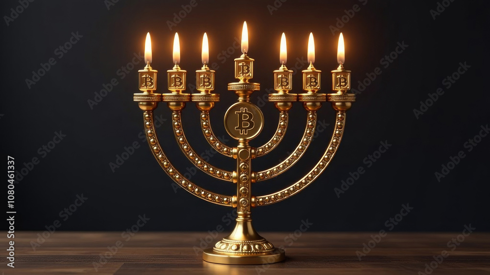 Golden menorah with bitcoin symbols and lit candles on dark background Golden menorah with bitcoin symbols and lit candles on dark background
