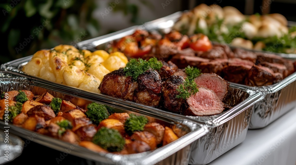 A tempting display of roasted meats, potatoes, and garnished vegetables, artfully arranged in foil trays, perfect for a sumptuous feast or event catering. A tempting display of roasted meats, potatoes, and garnished vegetables, artfully arranged in foil trays, perfect for a sumptuous feast or event catering.