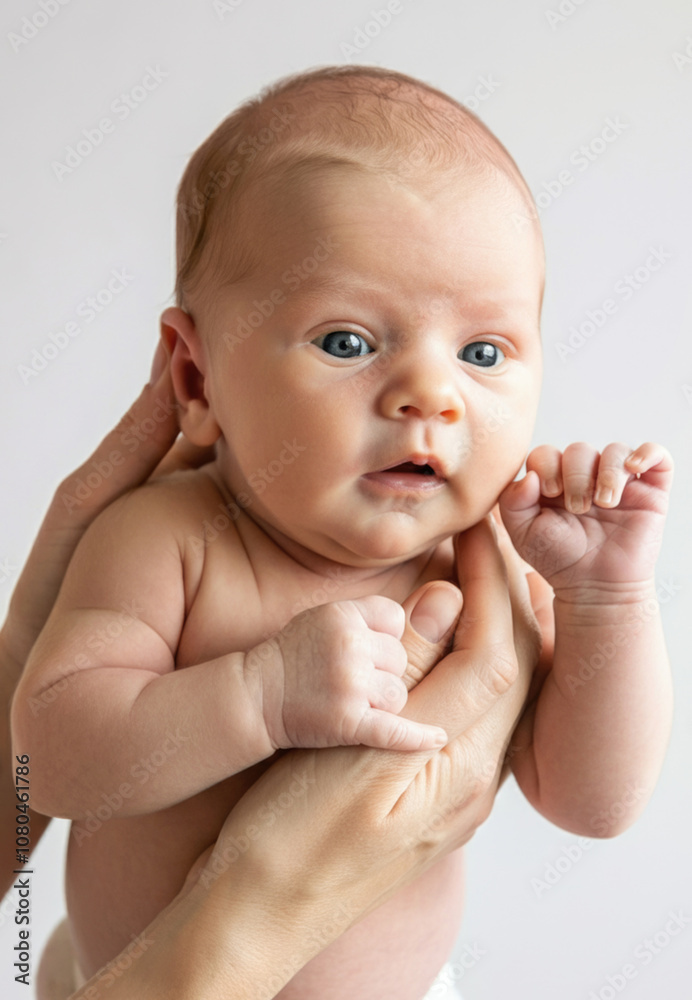 Adorable newborn baby with curious expression held in gentle hands Adorable newborn baby with curious expression held in gentle hands