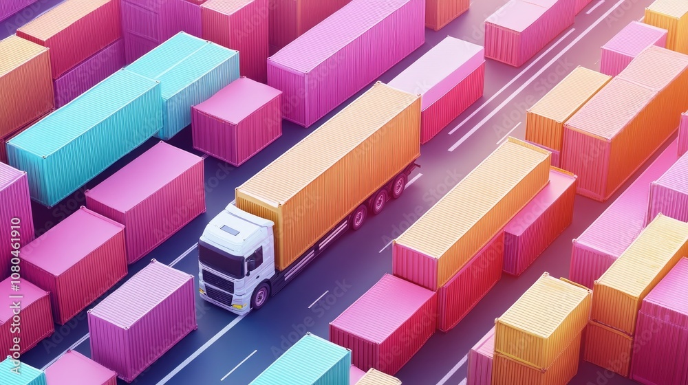 Cargo transport in import-export logistics flat design top view navigation theme 3D render colored pastel Cargo transport in import-export logistics flat design top view navigation theme 3D render colored pastel