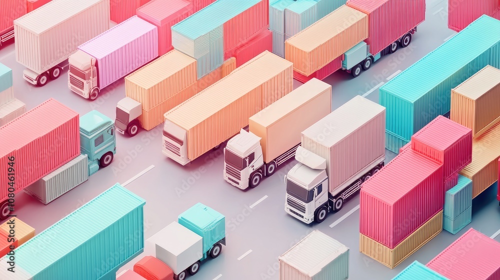 Cargo transport in import-export logistics flat design top view navigation theme 3D render colored pastel Cargo transport in import-export logistics flat design top view navigation theme 3D render colored pastel