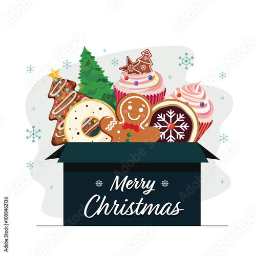 Merry Christmas Greeting Card with Box Full of Gingerbread, Donut, Cookies, Cupcake and Xmas Tree on White Background.