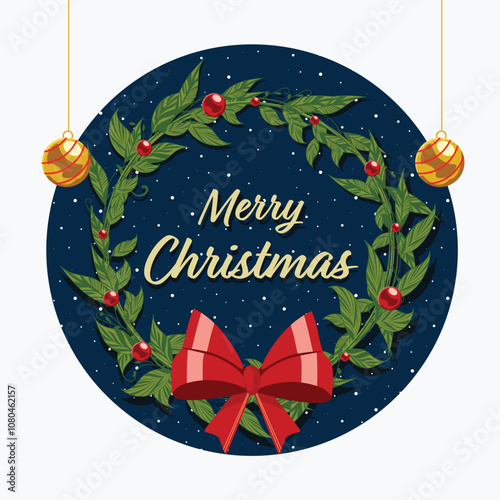 Merry Christmas Greeting Card with Decorative Wreath and Baubles Hang on White Background.
