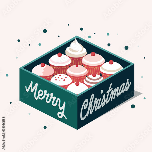 Merry Christmas Concept with Box of Cupcakes on White Background.