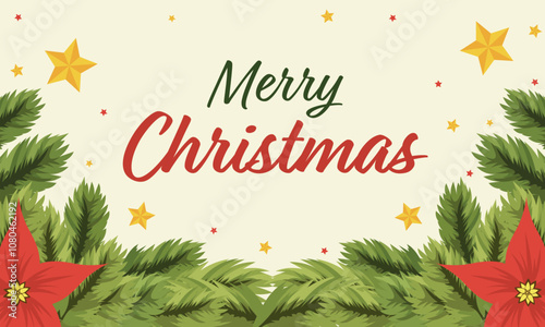 Merry Christmas Banner Design Decorated with Fir Leaves, Poinsettia Flowers and Stars Decorated on Pastel Yellow Background.