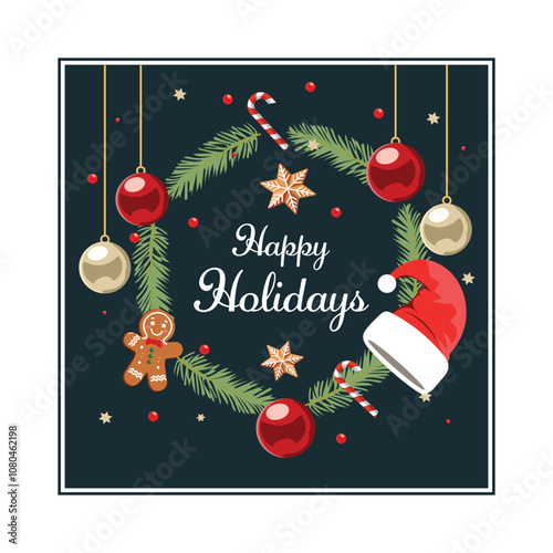 Happy Holidays Greeting Card Decorated with Christmas Elements on Dark Background.