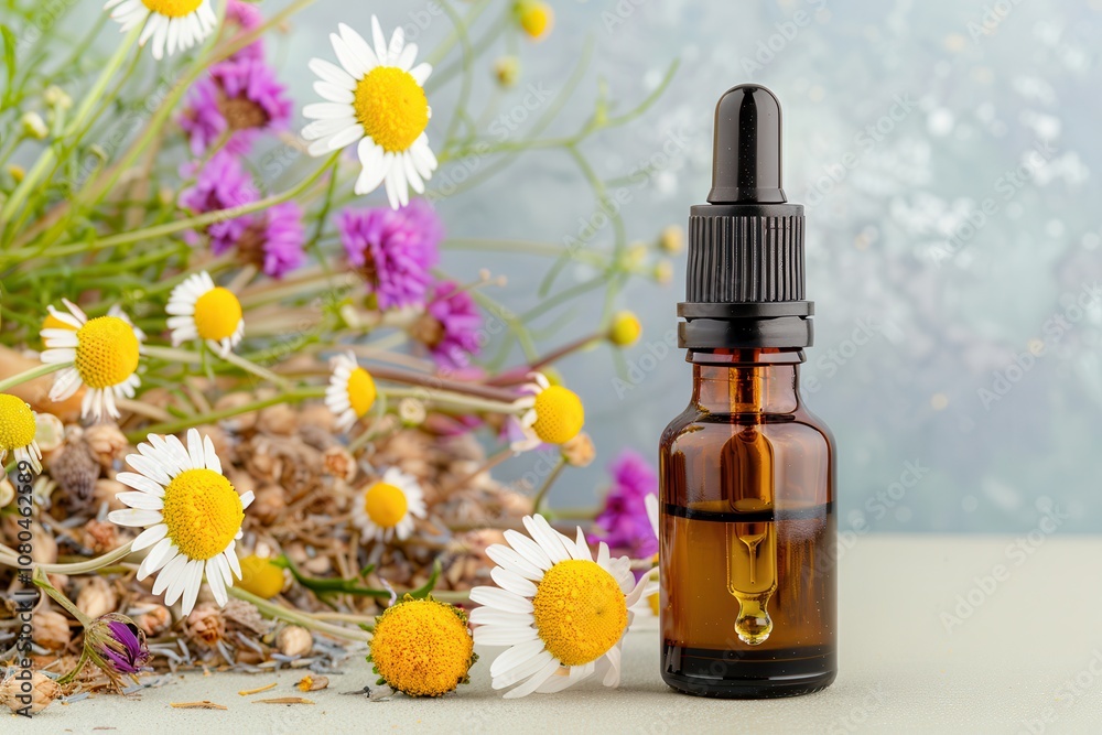 Organic chamomile essential oil.A brown glass dropper bottle surrounded by colorful flowers, suggesting essential oils or herbal remedies.