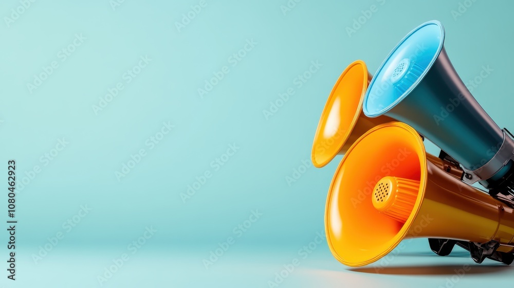 A collection of differently colored megaphones arranged artistically, with a light blue backdrop providing a striking contrast and a call for attention and communication. A collection of differently colored megaphones arranged artistically, with a light blue backdrop providing a striking contrast and a call for attention and communication.